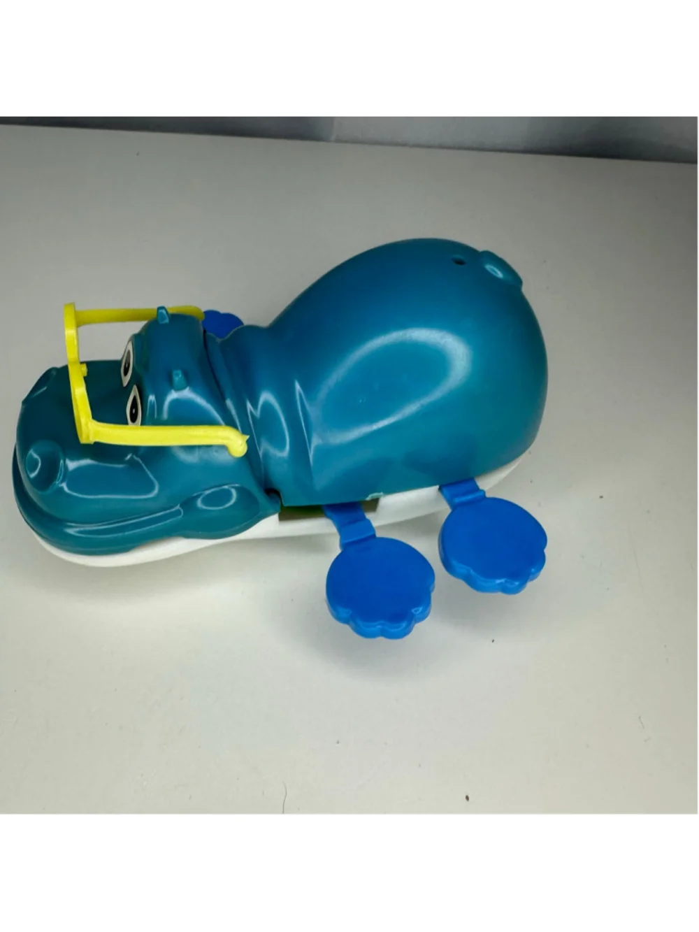 Vintage Baby Masudaya 1976 Blue Hippo Learning Bath Toy w Yellow Glasses Works